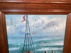 Vintage oil painting Ship Boat Ocean Seagulls