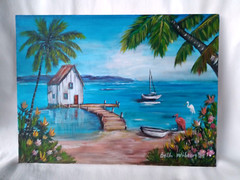 Beach House Seaside Original Coastal Painting 9×12 Canvas Wall Art Home Decor