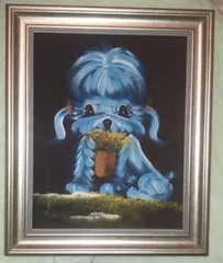Blue Dog On Black Velvet Painting With Metallic Color Frame, No Signature