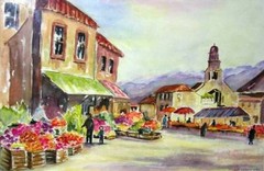 Painter Suzanne Obrand, Holocaust Survivor, Watercolor Painting „Market Place“