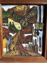 Pair Vintage Rustic Mexican Textured Raised Paintings Wall Sculpture 16.5″x14.5″
