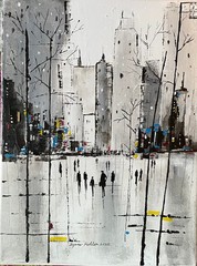 Original 12×16″ City living architecture people Canvas painting by Lynne Kohler