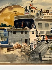 California Regionalist Painting Ferry Boat Dock Classic Car Landscape Vintage