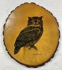 Ruane Manning Owl On Glazed Wood Pine Slab Made In USA Wisconsin Dells Vintage