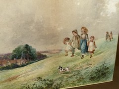 Antique James Walter Gozzard Watercolor Painting Genre Landscape Children Frame