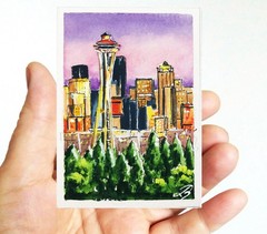 ACEO Original Art Space Needle art Seattle Painting — Travel State Washington