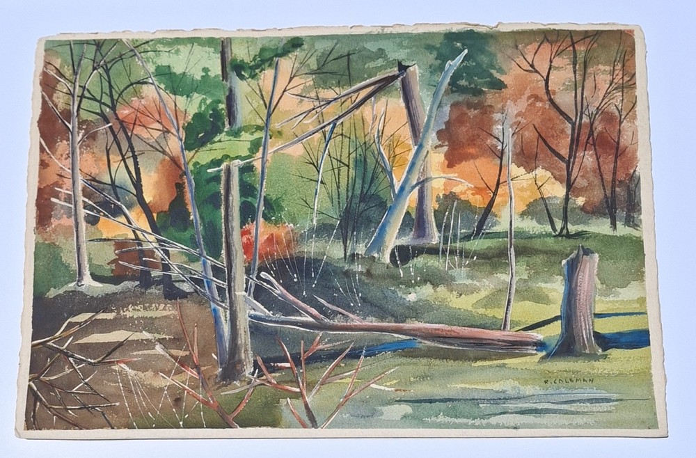Rita Coleman Guzzi American Modernist Landscape Watercolor Early Autumn Forest