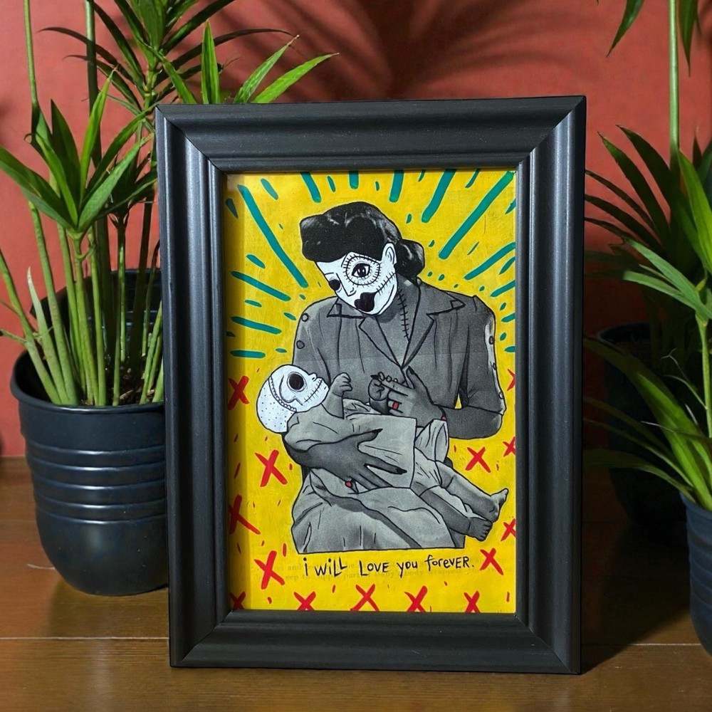Original Painting Creepy Mother & Child #3 Vtg Ooak Framed Gothic Weird Dark Art