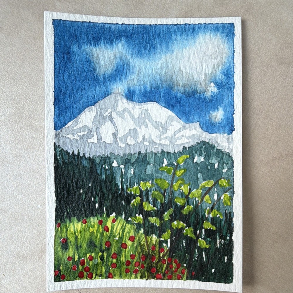 Donna Hawk ACEO Original Contemporary Mountain Forest Landscape Painting Signed