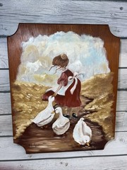 Vintage Primitive Folk Art Painting – Signed Girl Goose On Wood Board Wall Decor