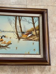 Vintage Geese W Chicks In Marsh Oil Painting By R SMITH, Wooden Framed, 18×22”