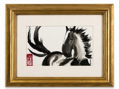 Vintage Asian Ink Wash Horse Painting Signed Sher Afcaxs Framed Original Art