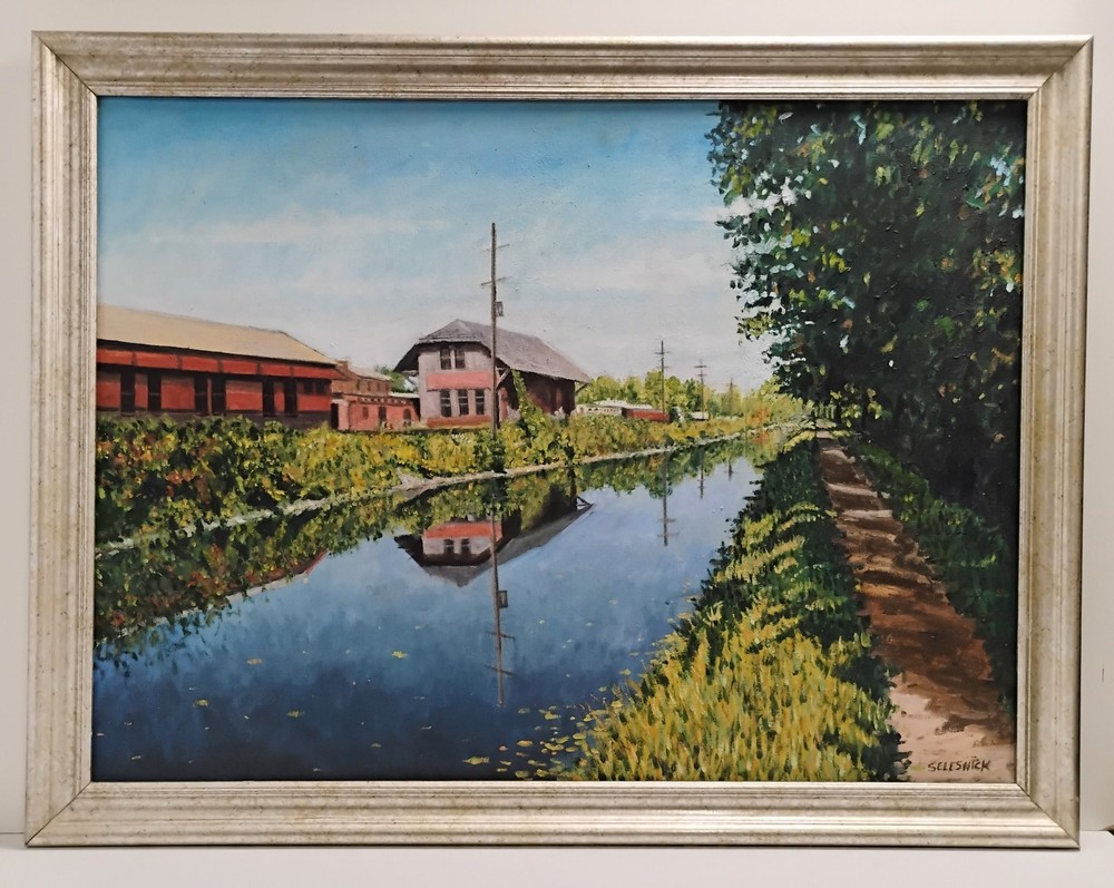 Signed Selesnick Bucks County Canal Pathway Scene Oil Landscape Painting 33X42