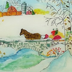Miniature Naive Folk Art Winter Landscape Watercolor Ink Painting Horse Cart