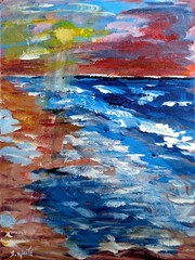 Ocean Beach Sunset 9×12 Painting Impressionist Seascape Blue Canvas SWhite