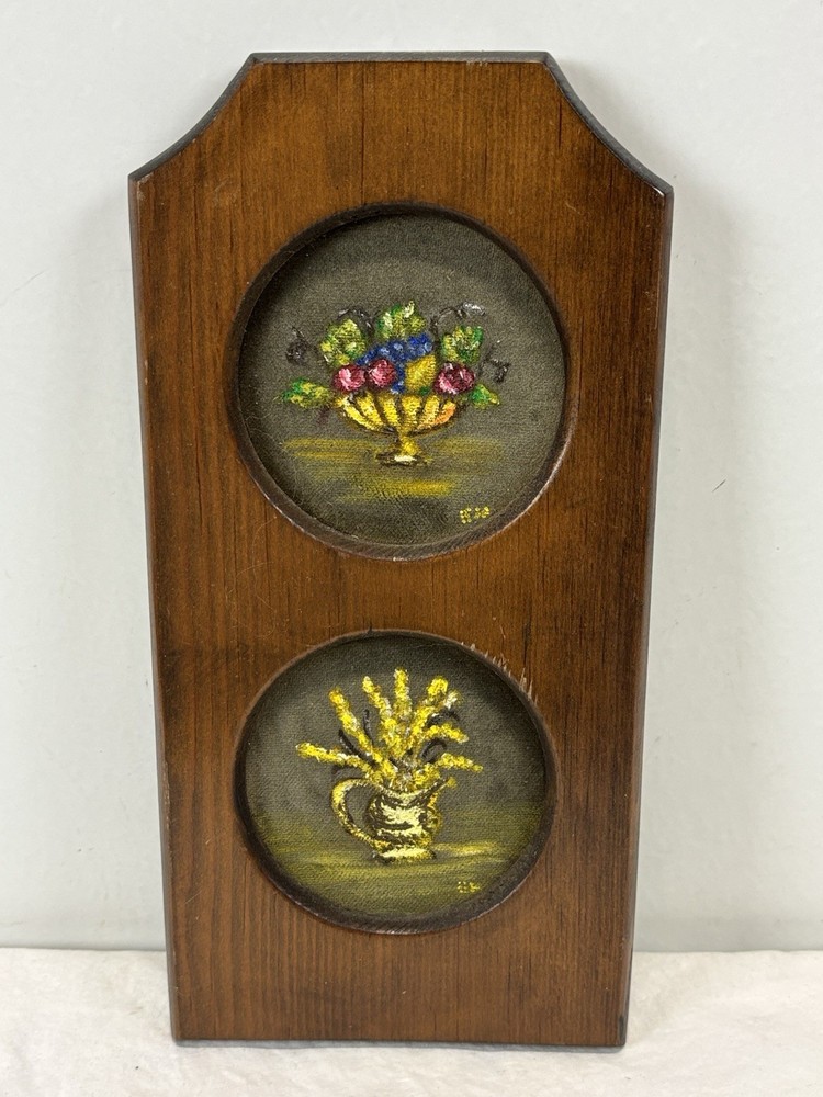Vtg Double Frame Mini Oil Still Life Paintings Textured Wood Frame Initialed