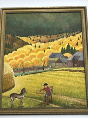 ANTIQUE AMERICAN FOLK ART REGIONALISM PAINTING FARM LANDSCAPE CHILDREN 24 INCH
