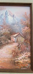 Framed Oil Painting fiber board 15″x13″ Landscape Cabin Forest signed C Inness