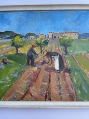 ANTIQUE Farm Farming Painting Impressionism Modernism 1950’s Mid Century Oil