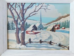 Vintage Village Church Paint By Number framed Winter Scene Snow Outdoors 15×19