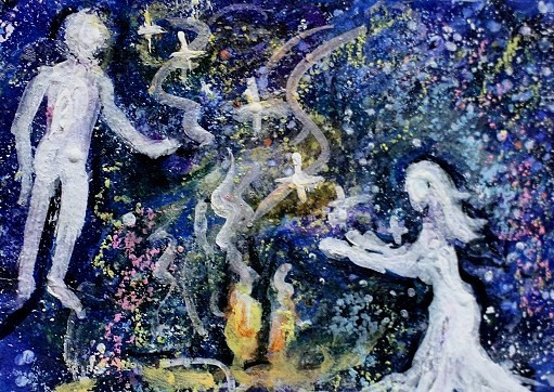 ACEO Original Painting TWIN FLAME Universal Energy Soul Union Stars Love ATC ART