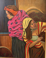 Market Harvest Women Colorful Textiles Gold Hoops Original Painting Signed Sal