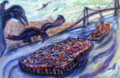 FLOATING FEAST Arthur Robins Original Oil NYC Cityscape Tugboat Birds Bridges