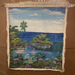 Vintage G Brown Signed Caribbean Tropical Island Canvas Art Oil Painting Picture