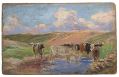 19th Century Impressionism Eugene BOUDIN Landscape Cows Authentic Oil painting