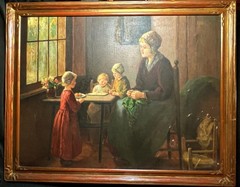 Antique Portrait Oil Painting Mother Children German American Nic Nicholas Lenz