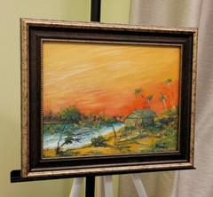 Painting Sunset Ocean waves Beach palm trees Sand seascape landscape art framed