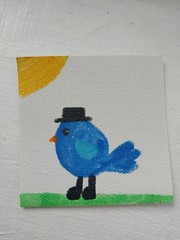 GAT 4X4 Small mini Bird Wall Art ORIGNAL Whimsical Painting Bluebird in hat