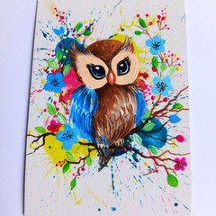ACEO Original Bird Owl Acrylic Animal Nature Mini Pop Art Hand Painting NEW OOAK