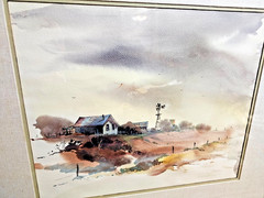 Beautiful Modernist 1970s ADOBE WATERCOLOR Landscape WINDMILL Painting DARVAS NM