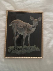 Vintage Mid-Century Modern Hand-Painted Silk Deer Painting 1950s MCM Gold Frame