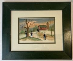 Toni Dane Watercolor Painting Amish Country Children at Play Matted Framed