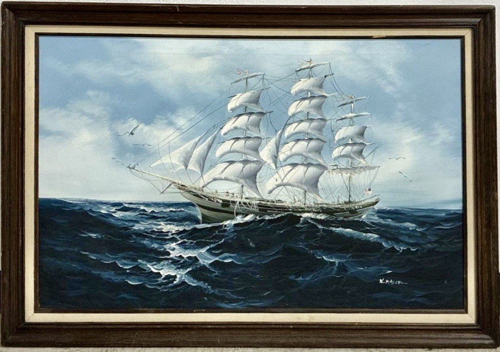 Vintage Sailing Ship Original Acrylic Painting• Signed by K MASKELL 41.5”x 29.5”