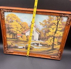 Vintage 90s Country Church in Fall Paint By Number in Ornate Wood Frame Folk Art