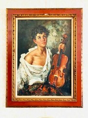 VINTAGE BIG SIGNED ART DECO OIL PAINTING VIOLINIST BOY DESIGN PERGOLA ?? NR