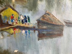 Oil painting signed Harbor Pier Boats Probably Asia River Bank 1986 Stamp Frame