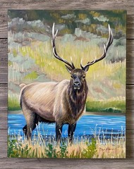 Elk Impressionism Original Oil Painting on Wood Panel 8×10″ – Framed 12×13″