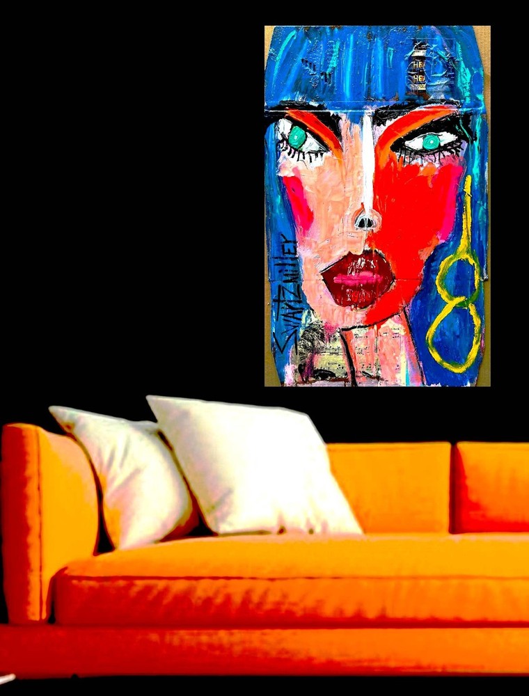 POP ART Colorful LADY PORTRAIT PAINTING big CB 25 x 16 Original SWARTZMILLER DNA