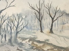 Winter Landscape Watercolor Painting Stark Siamis Artist Signed 18 X 15″ Vintage