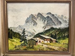 Vintage Oil Painting – Alpine Landscape with Houses, Unsigned, 37 x 31 cm