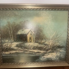 Winter Scene Oil Painting Nature Sea snow Cottage Artist Signature Ornate frame
