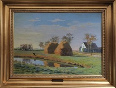 Antique oil painting. Nicolaus Lutzhoft: (1864-1928):“Haystacks and pond”(1920)