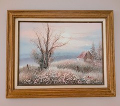 ORIGINAL OIL PAINTING Landscape, Flowery Field, Tree, Cabin, Signed by Eric