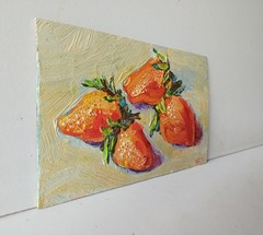 Strawberries Impasto Painting Original Art Impression Oil Painting 5.5 x 8.6 in