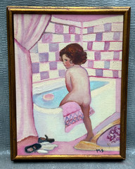 VINTAGE OIL PAINTING SIGNED MS M.S. FAUVIST NAIVE YOUNG GIRL CHILD IN BATH TUB