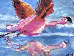 Original Flamingo Acrylic Painting Flying Pink Bird Art Cradled Wood Panel 11×14